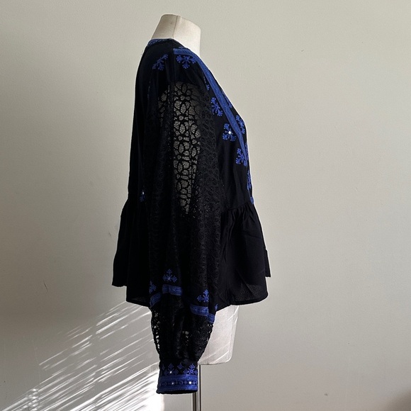Free People BOOGIE ALL NIGHT Balloon LACE Blouse Post Sleeve sz MEDIUM - Picture 4 of 9